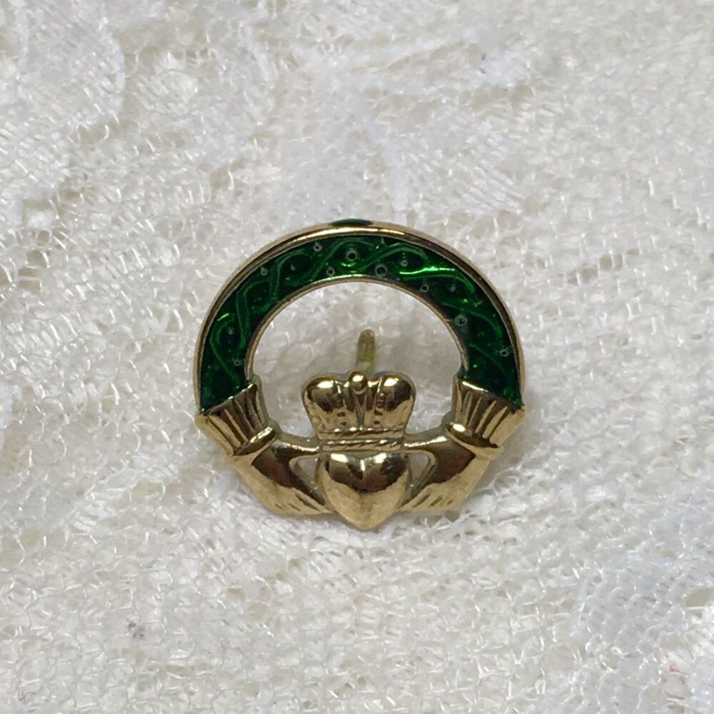 Vintage Gold Tone Green Enamel Irish Claddagh Lapel Pin Brooch signed Heart